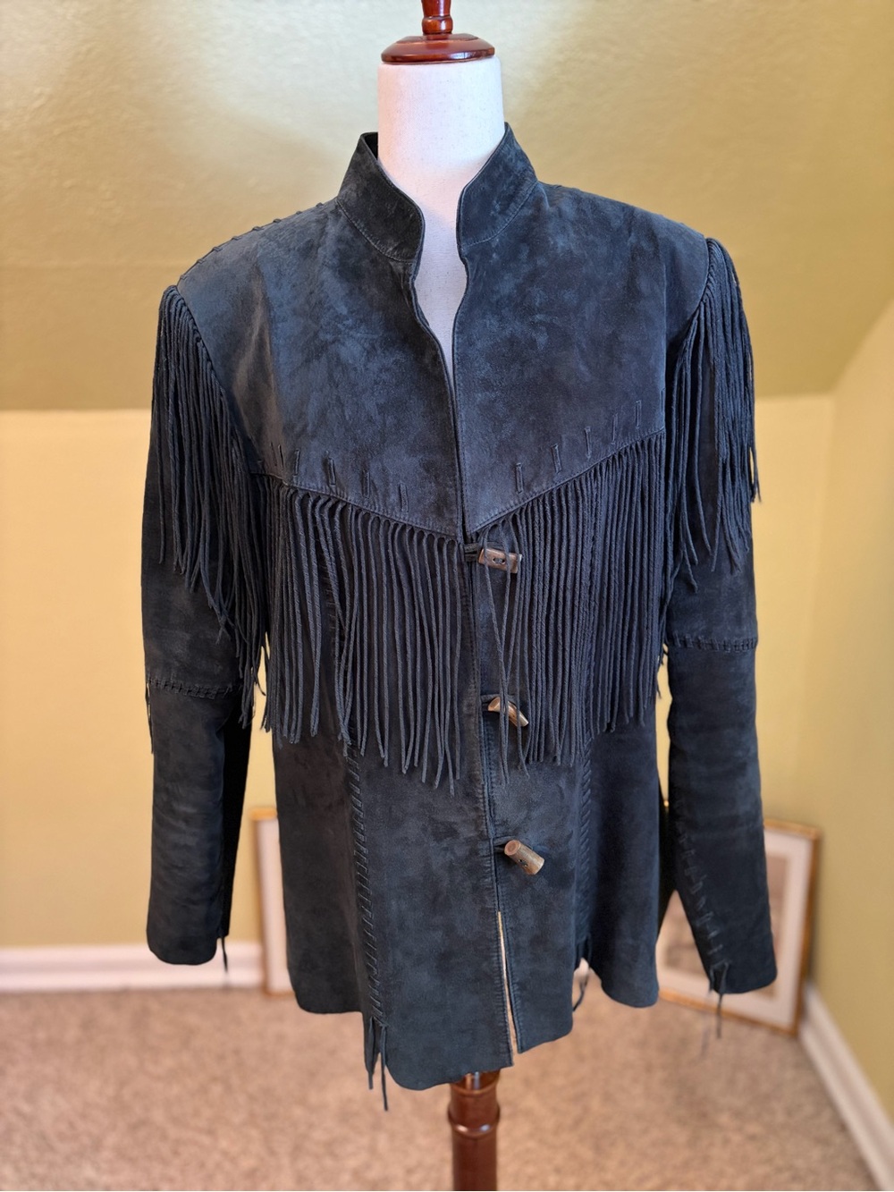 Vintage 90’s SCULLY Black Suede Fringe Western Jacket Boho Cowboy Toggle Coat